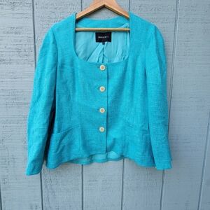 RARE Lafayette 148 Square Neck Button Down Tweed Jacket sz 12 Aqua Blue